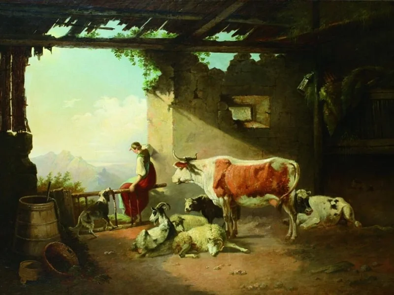1835-Conrad Bühlmayer - Stalla con vista su una catena montuosa